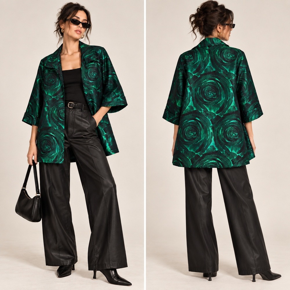 Caroline Rose Green Black Rose Jacquard Jacket S Statement Floral Artwear